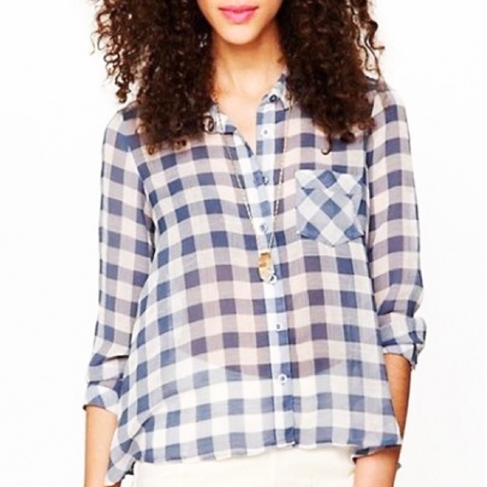FREE PEOPLE Shirt Sheer Buffalo Check Blue and Cream Long Sleeve Button Up XS